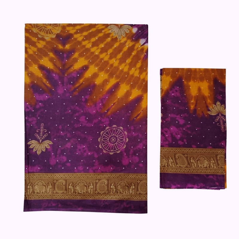 Mustard Orange & Royal Purple Designer Printed Saree with Traditional Gold Elephant Border and Blouse Piece
