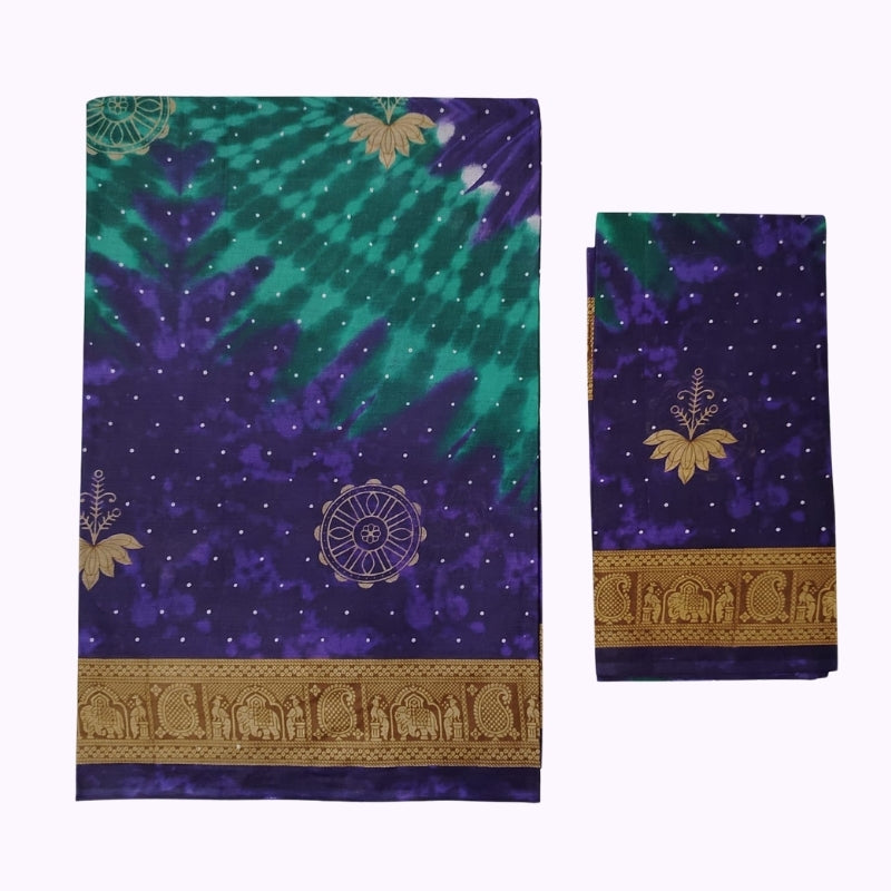 Teal Green & Royal Purple Designer Printed Saree with Traditional Gold Elephant Border and Blouse Piece