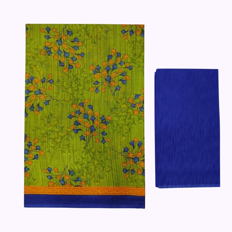 Lime Green Floral Printed Saree with Royal Blue Border & Matching Blouse Piece