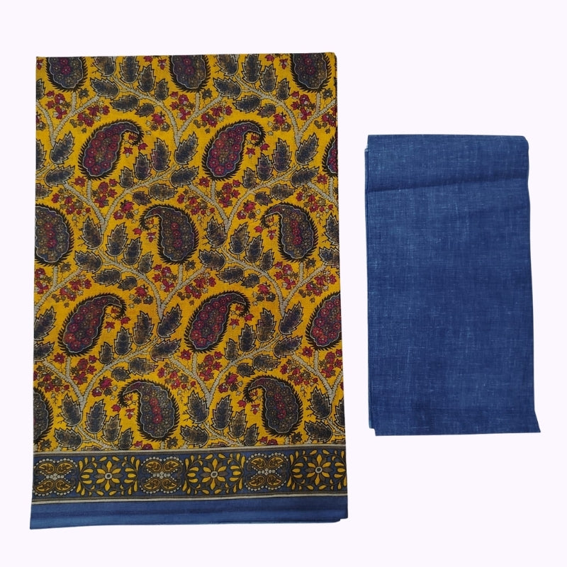 Mustard Yellow Paisley Printed Saree with Blue Border & Matching Blouse Piece
