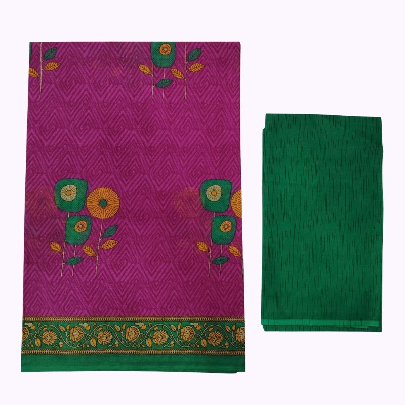 Magenta Floral Printed Saree with Green Border & Matching Blouse Piece