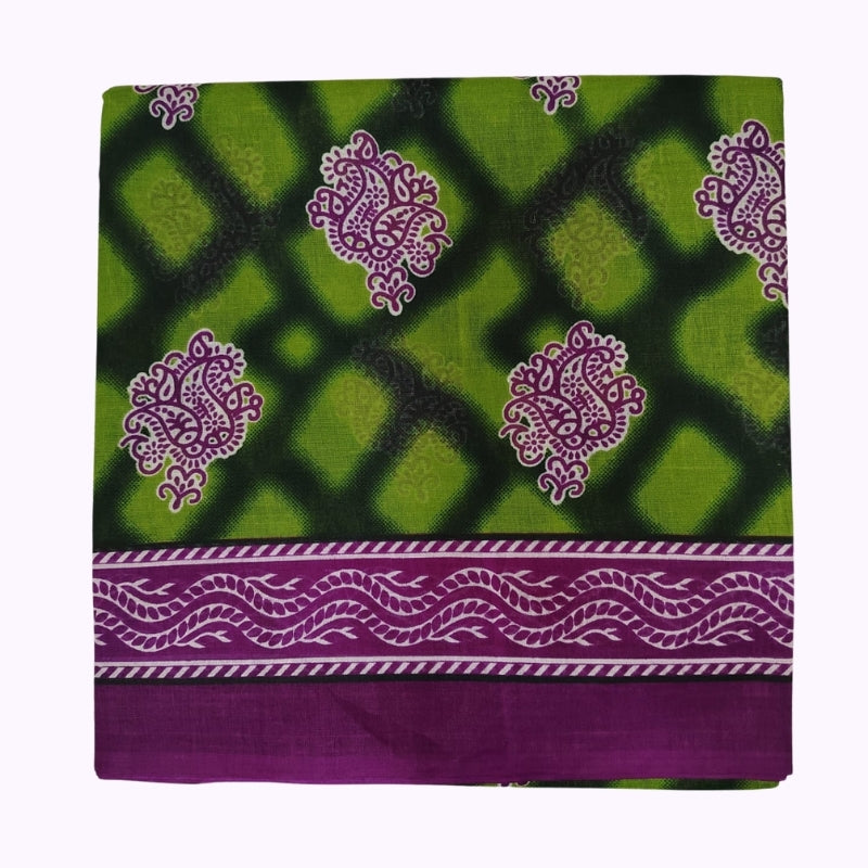 Elegant Green & Purple Printed Cotton Saree with Designer Border