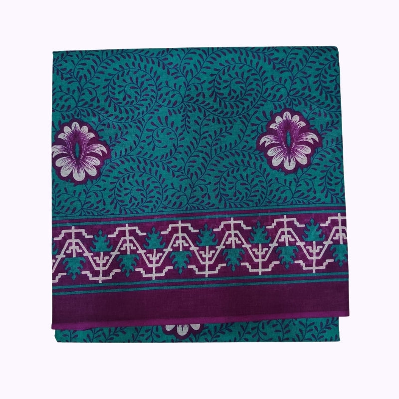 Teal Blue Floral Printed Cotton Saree with Rich Purple Designer Border