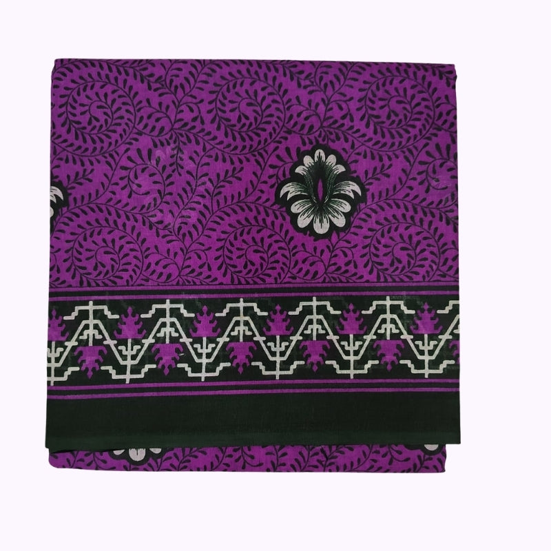 Royal Magenta Floral Printed Cotton Saree with Deep Green Contrast Border