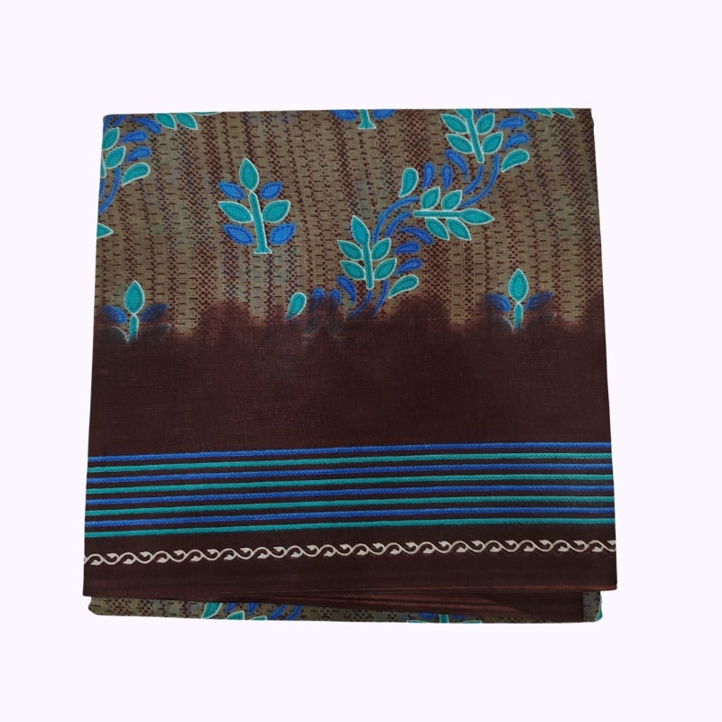 Elegant Brown Leaf Printed Cotton Saree with Blue Contrast Border