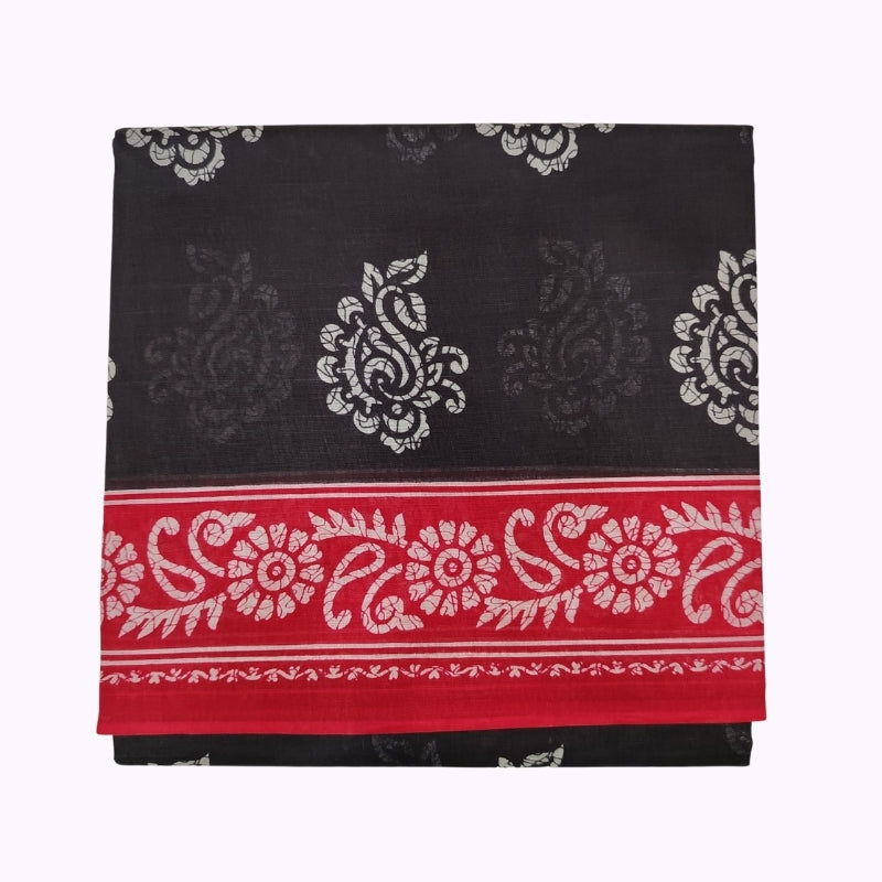 Classic Black Printed Cotton Saree with Bold Red Designer Border