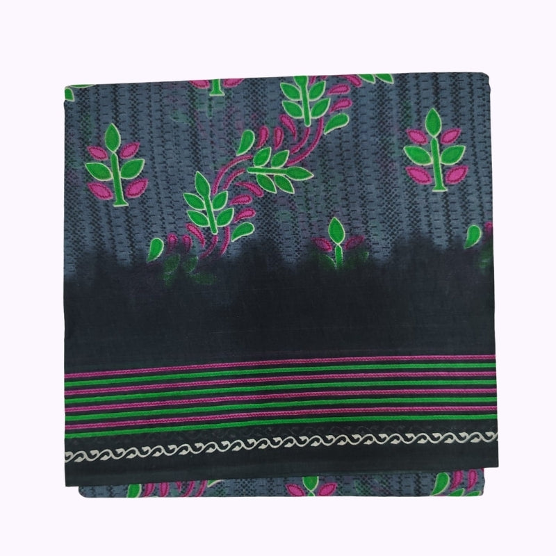 Charcoal Grey Leaf Printed Cotton Saree with Green & Pink Contrast Border