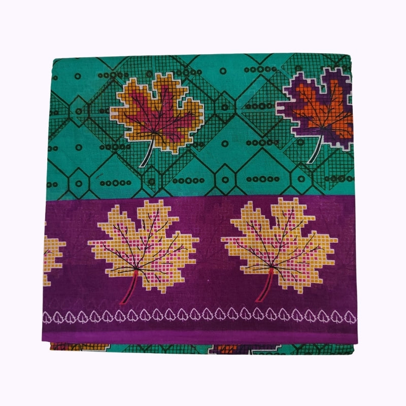 Teal Green & Purple Leaf Printed Cotton Saree with Contrast Border
