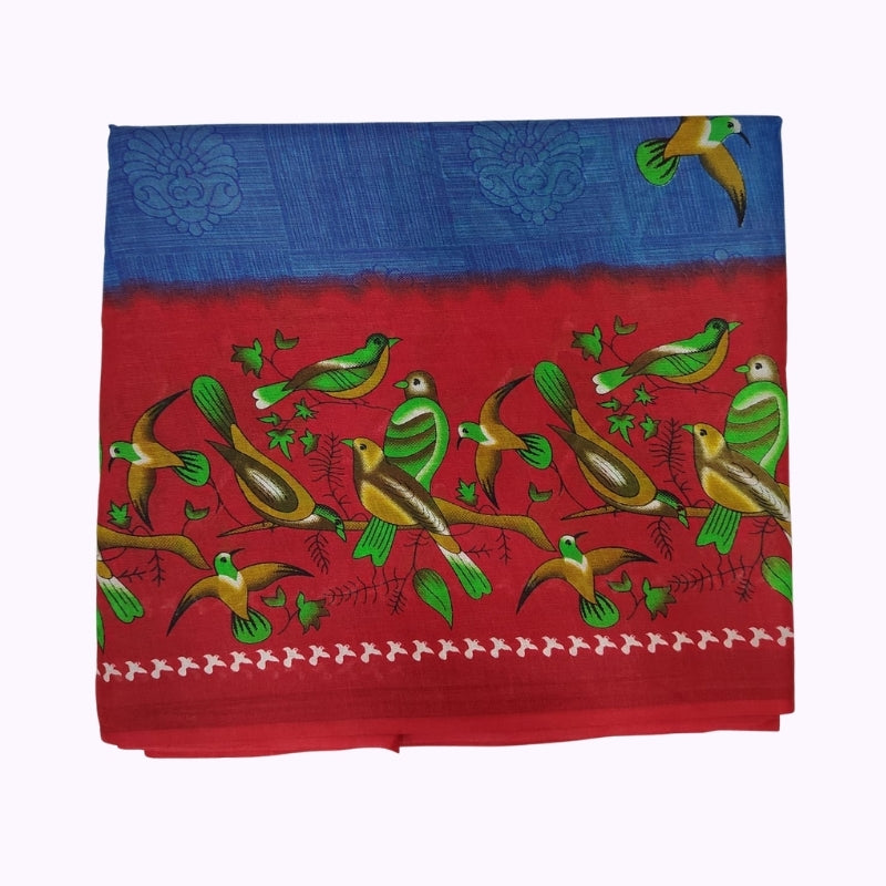 Red & Blue Bird Printed Cotton Saree with Traditional Contrast Border