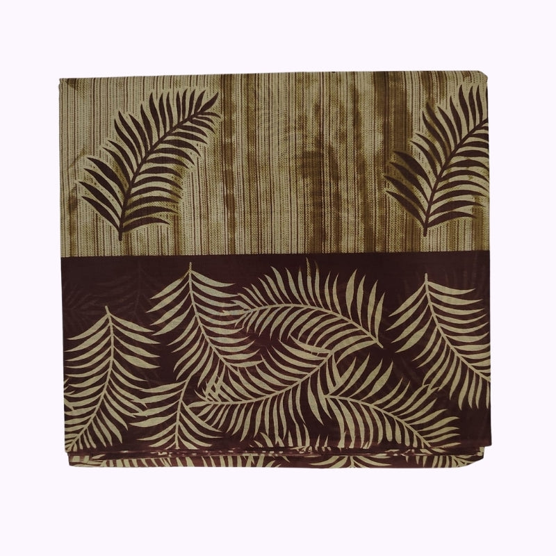 Beige Cotton Saree with Brown Palm Leaf Print & Contrast Border
