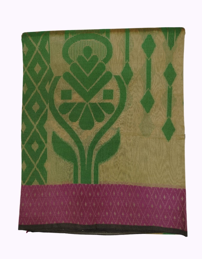 Beige Cotton Saree with Green Temple Motif & Pink Contrast Border
