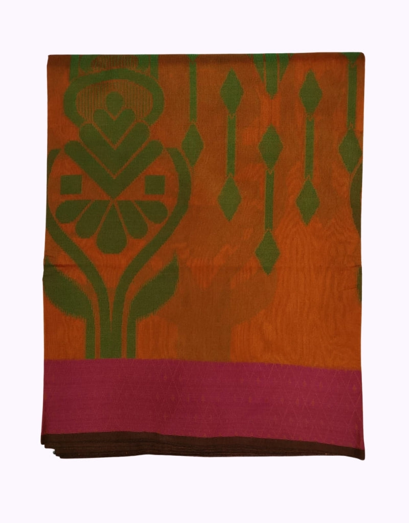 Burnt Orange Cotton Saree with Green Temple Motif & Pink Contrast Border