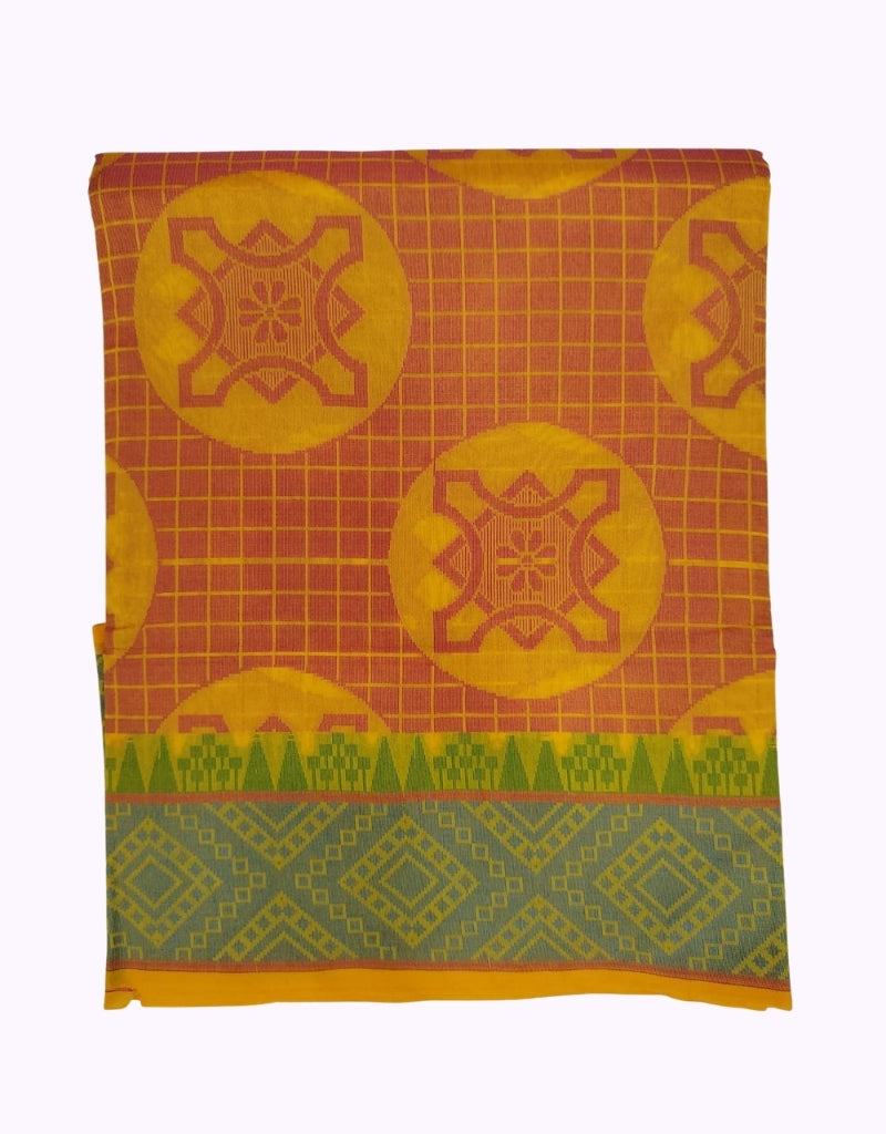Mustard Yellow & Orange Cotton Saree with Bold Circular Motifs and Green Geometric Border