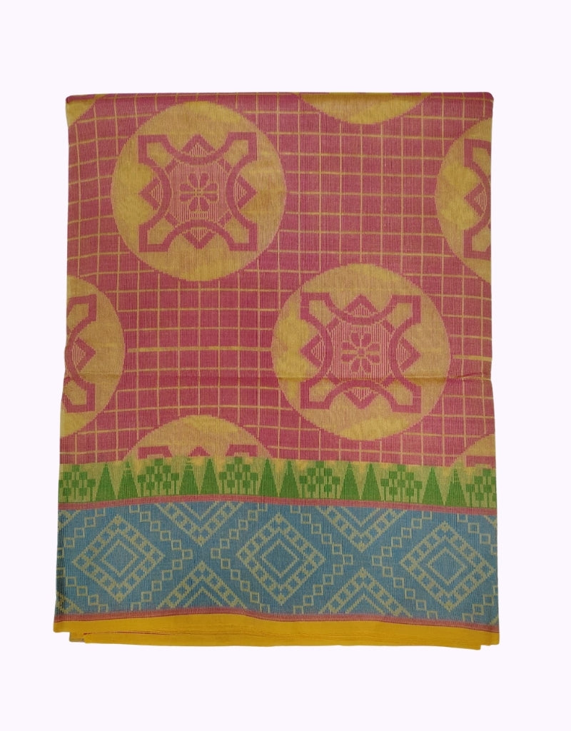 Pink & Mustard Cotton Saree with Circular Motifs and Blue Geometric Border