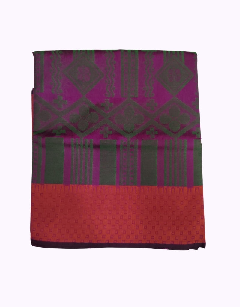 Deep Magenta Cotton Saree with Dark Green Geometric Weave & Contrast Orange Border