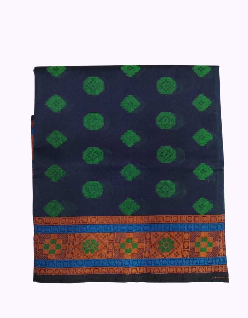 Navy Blue Cotton Saree with Green Butta Design & Traditional Contrast Border