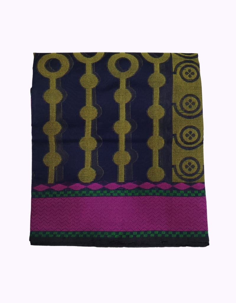 Navy Blue Cotton Saree with Gold Vertical Motifs & Pink Contrast Border