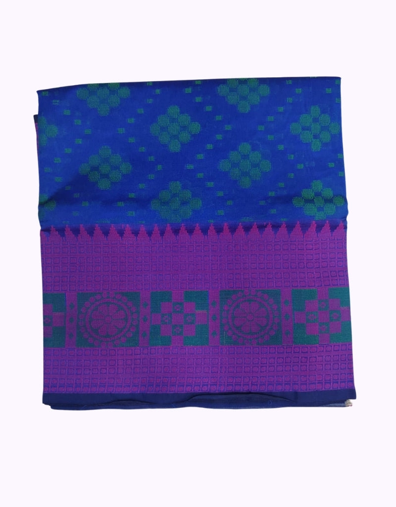 Royal Blue Cotton Saree with Green Butta Design and Magenta Traditional Border