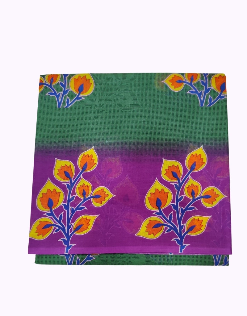 Green & Purple Ombre Floral Printed Cotton Saree with Bold Contrast Design