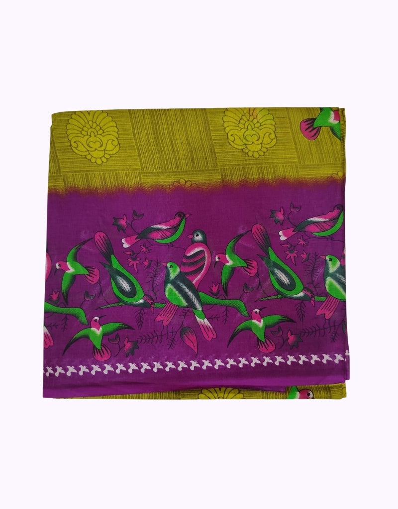 Mustard Yellow & Purple Bird Printed Cotton Saree with Artistic Contrast Panel