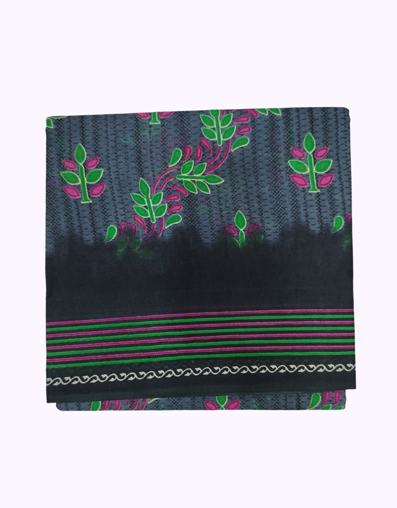 Charcoal Grey Leaf Printed Cotton Saree with Green & Pink Contrast Border