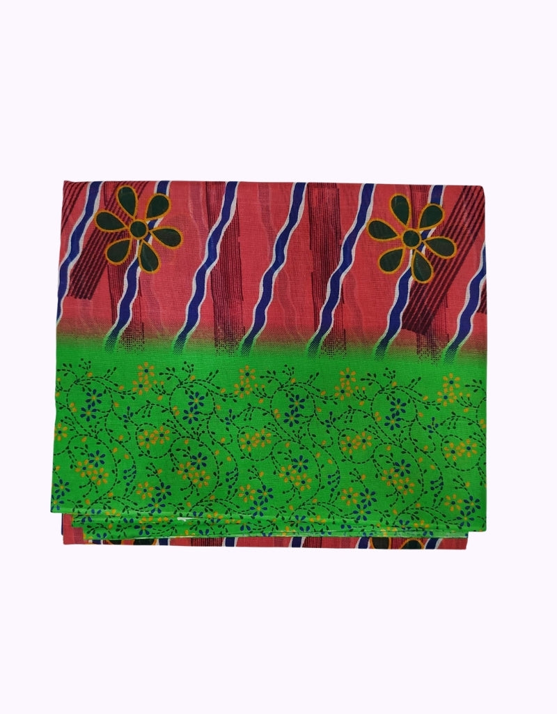 Vibrant Pink & Green Floral Printed Cotton Saree with Artistic Contrast Design