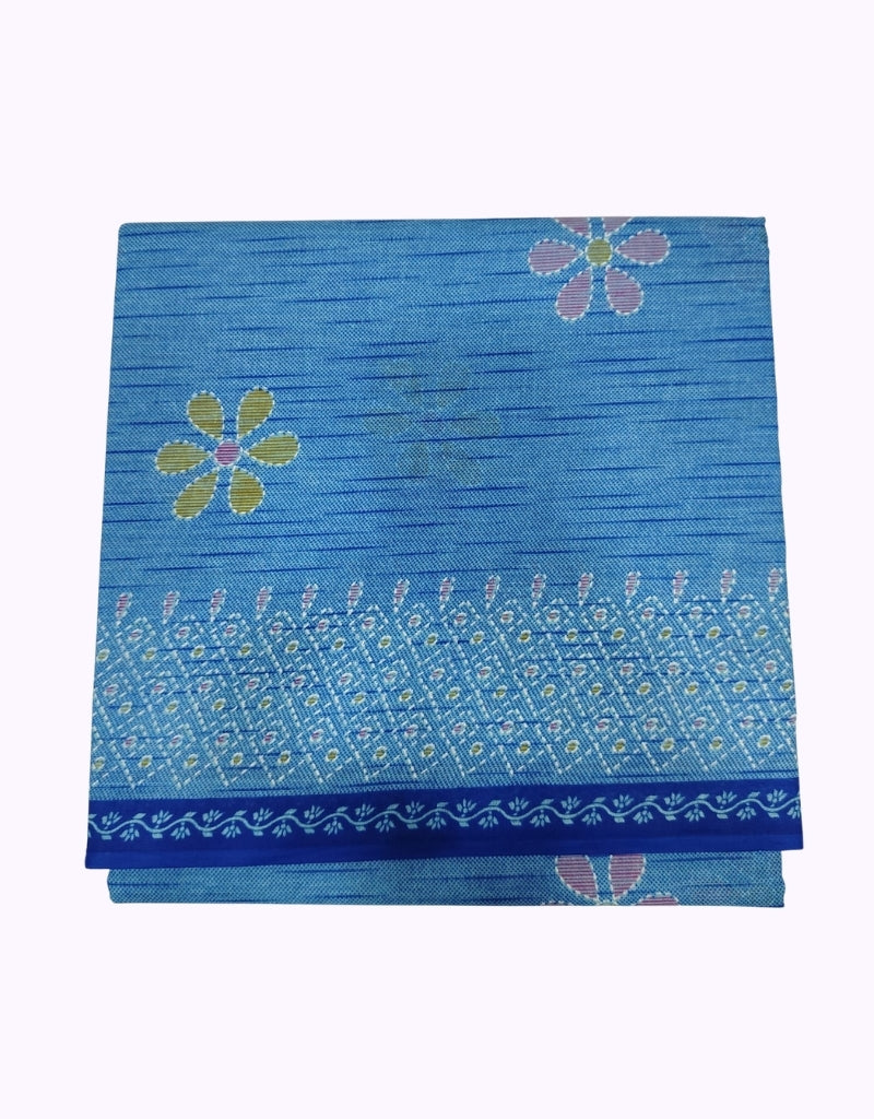 Sky Blue Floral Printed Cotton Saree with Royal Blue Designer Border
