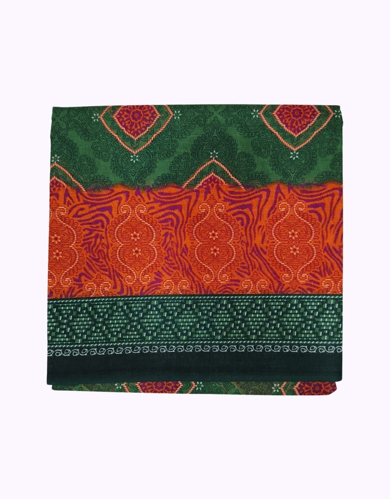 Rich Green & Orange Traditional Printed Cotton Saree with Designer Border