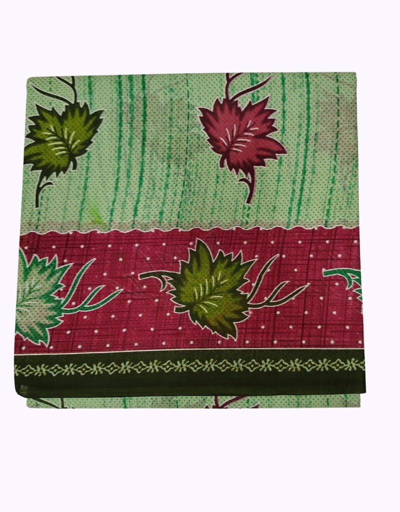 Mint Green Leaf Printed Cotton Saree with Maroon Contrast Border