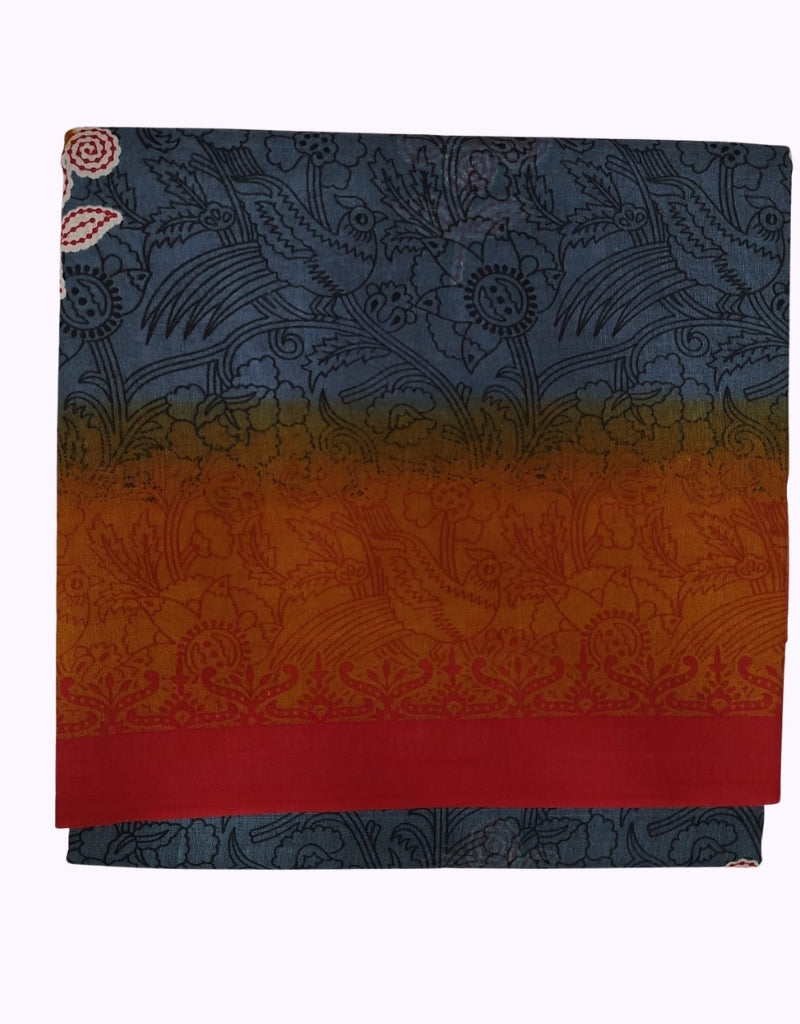 Blue to Orange Ombre Printed Cotton Saree with Artistic Bird & Floral Design