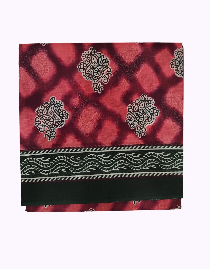 Vibrant Red Printed Cotton Saree with Black Designer Border