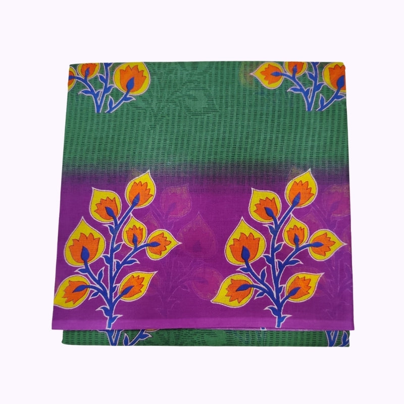 Green & Purple Ombre Floral Printed Cotton Saree with Bold Contrast Design