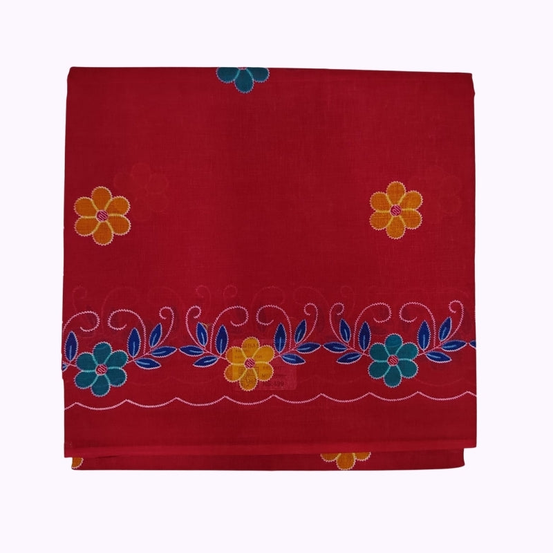 Bright Red Floral Printed Cotton Saree with Elegant Designer Border