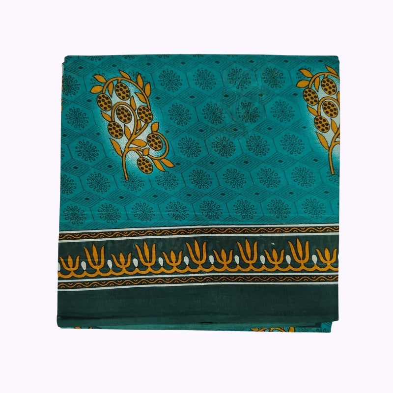 Elegant Teal Blue Floral Printed Cotton Saree with Mustard Designer Border