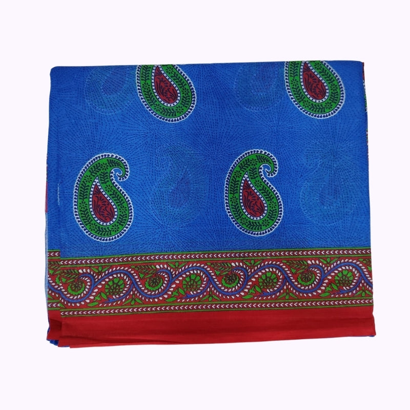 Royal Blue Paisley Printed Cotton Saree with Traditional Red Designer Border