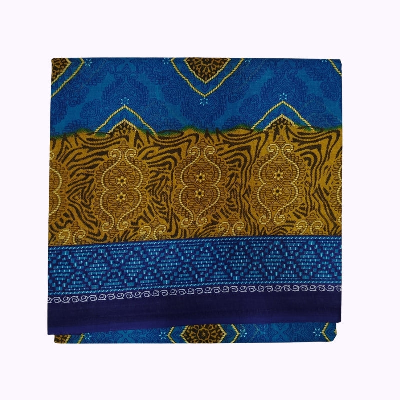Royal Blue & Mustard Gold Traditional Printed Cotton Saree with Designer Border
