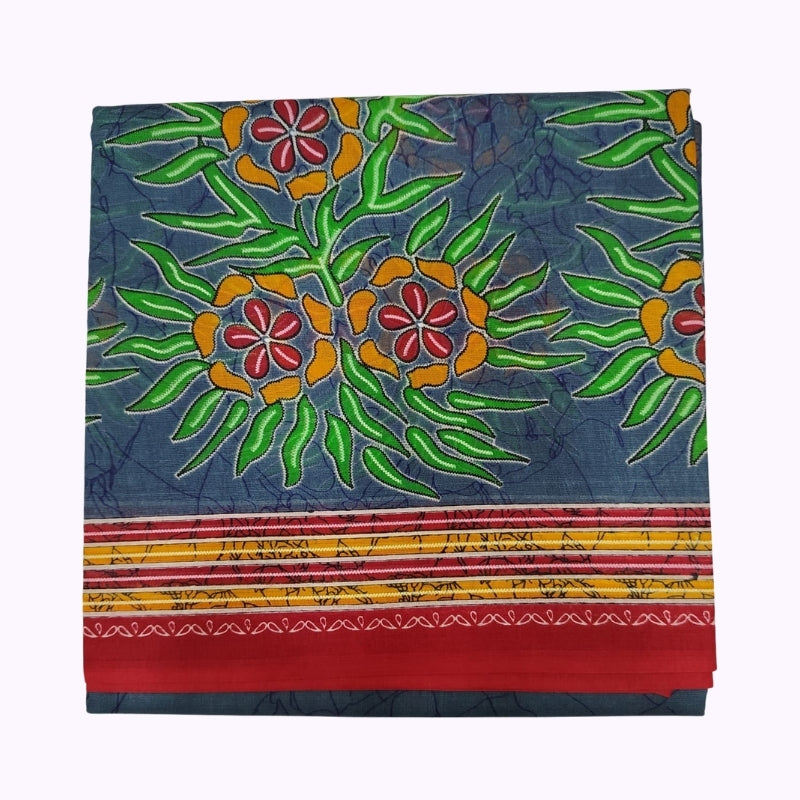 Slate Grey Floral Printed Cotton Saree with Multicolor Border & Red Contrast Pallu