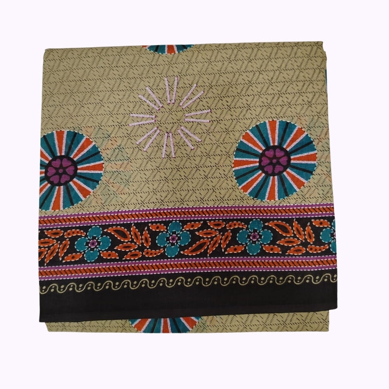Beige Geometric & Floral Printed Cotton Saree with Black Contrast Border