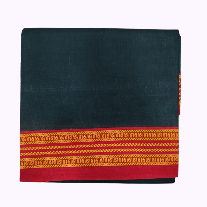 Dark Green Cotton Saree with Red & Yellow Traditional Border
