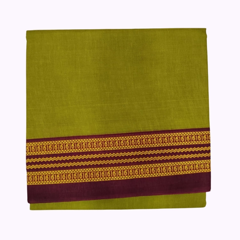 Parrot Green Cotton Saree with Maroon & Mustard Traditional Border