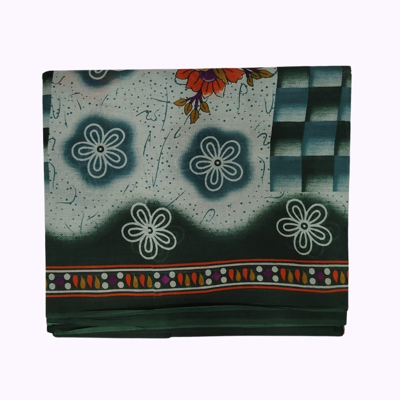 Sage Green Cotton Saree with Floral Print & Dark Green Designer Border