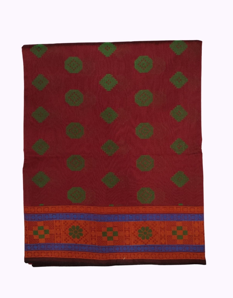 Maroon Cotton Saree with Green Butta Design & Orange Blue Contrast Border