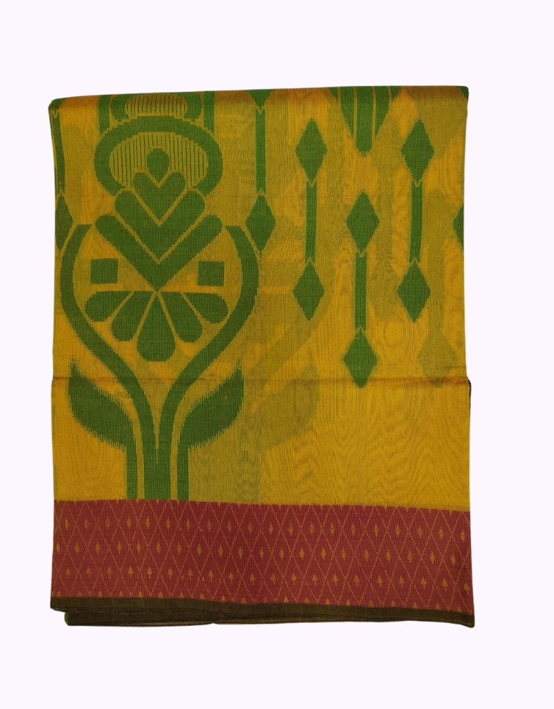 Mustard Yellow Cotton Saree with Green Temple Motif & Pink Woven Border