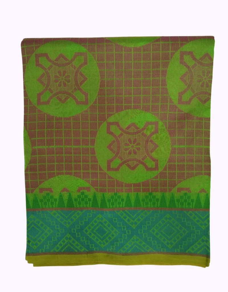 Parrot Green & Brown Cotton Saree with Circular Motif and Geometric Border