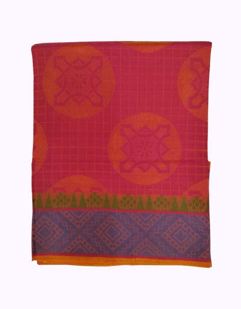 Rani Pink & Orange Cotton Saree with Circular Motif and Purple Geometric Border
