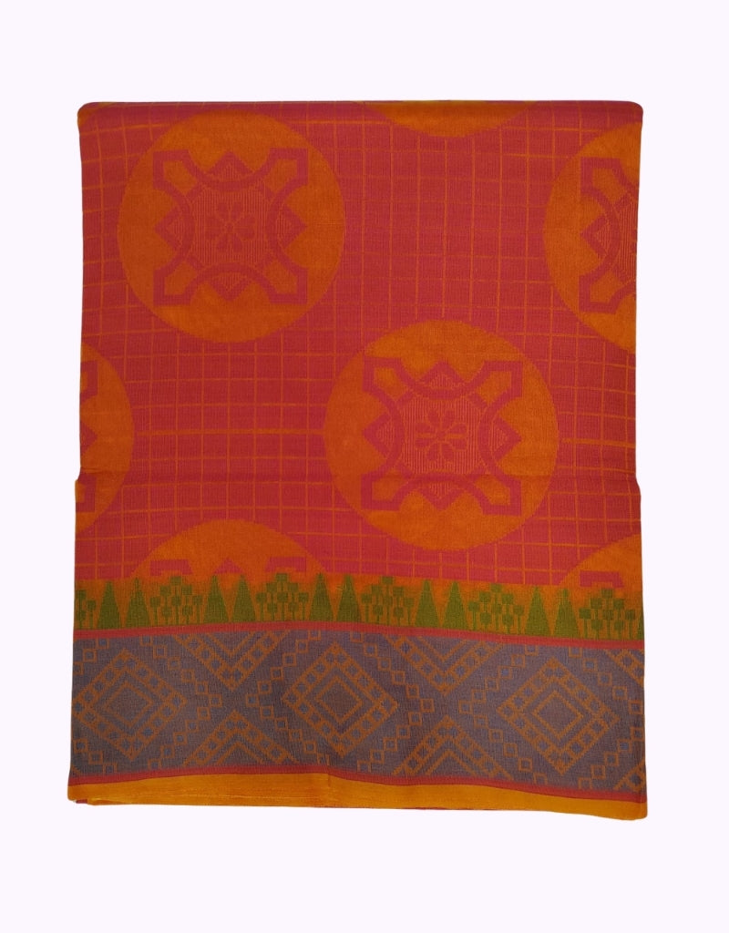 Vibrant Orange & Pink Cotton Saree with Bold Circular Motifs and Geometric Border