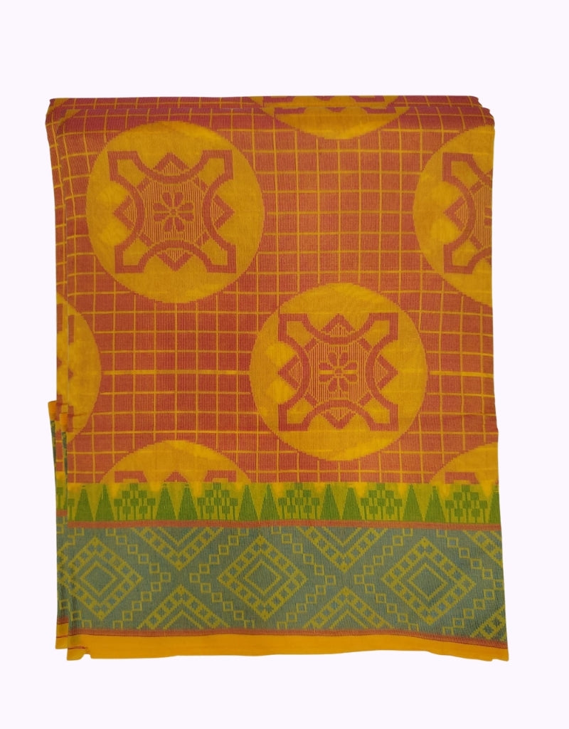 Pink & Mustard Cotton Saree with Circular Motifs and Blue Geometric Border