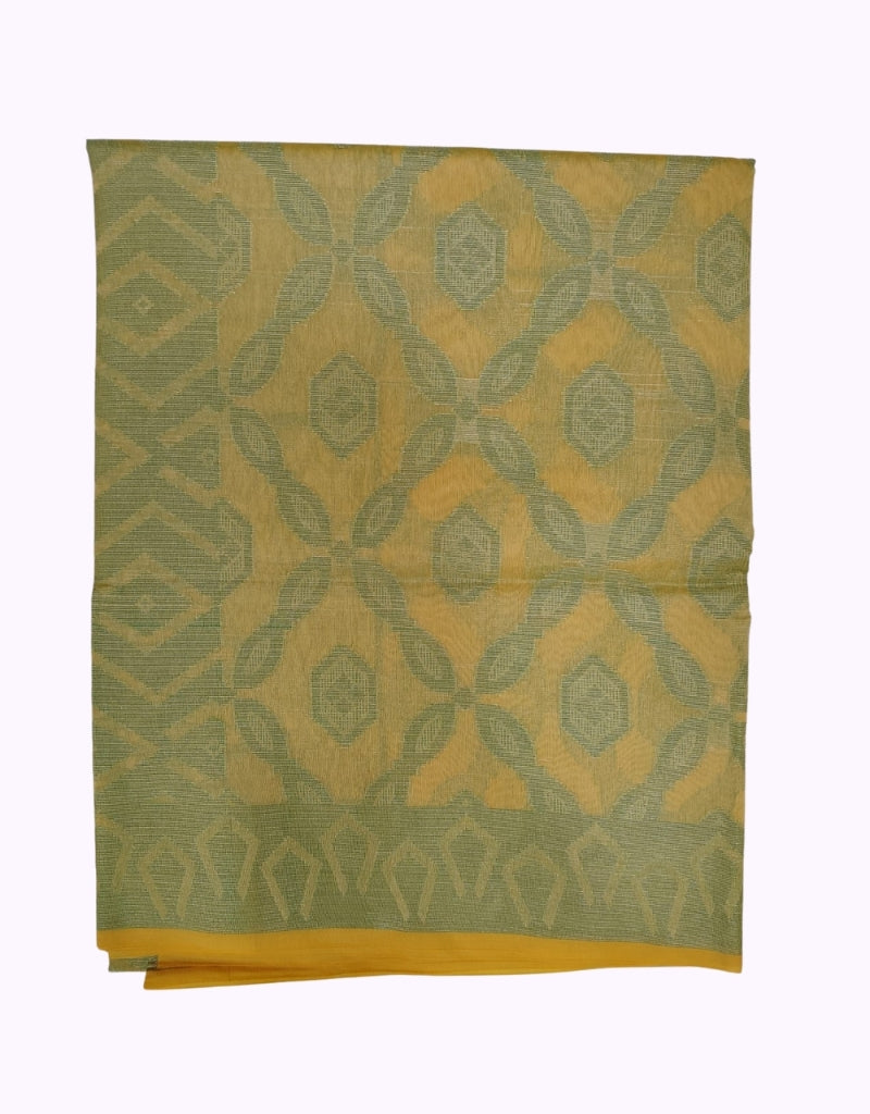 Mustard Yellow & Sage Green Woven Cotton Saree with Geometric Motif Border