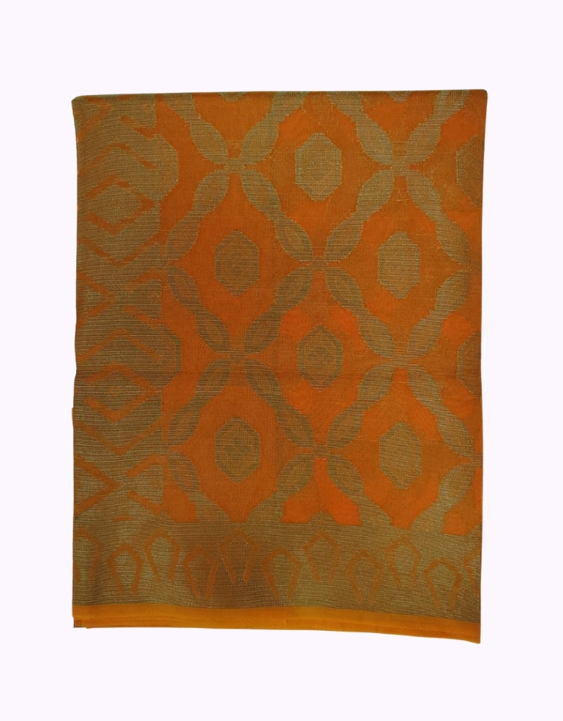 Vibrant Orange & Antique Gold Woven Cotton Saree with Geometric Motifs