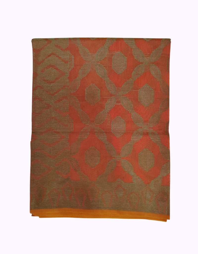Rust Orange & Antique Gold Woven Cotton Saree with Geometric Jacquard Design